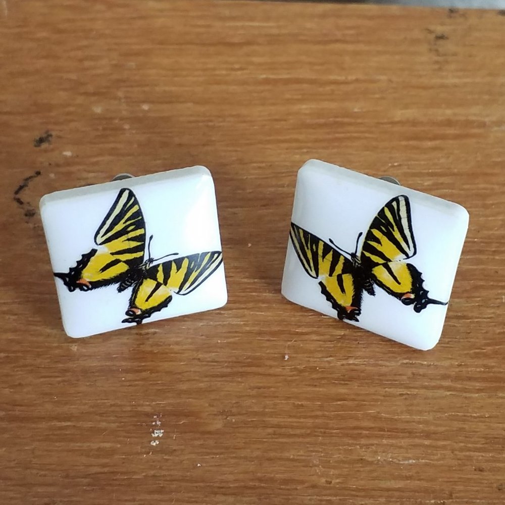 VINTAGE Butterfly Square White Yellow Black Ceramic Clip On Earrings